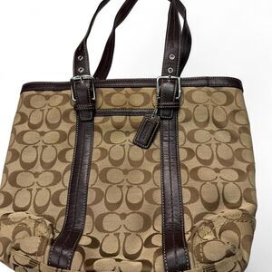 Coach Medium Tote Brown Jacquard H0832-F12645 Handbag with charm